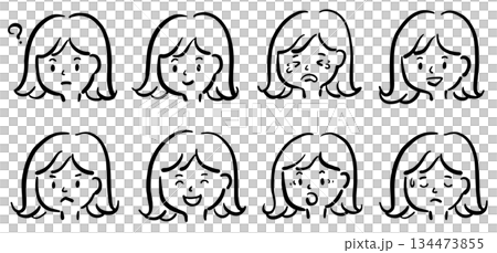 若い女性の顔のイラストセット　線画 134473855