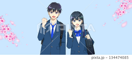 桜の背景、リュックとスクールバッグを持つ高校生または中学生の男女のアニメ風イラスト 134474085
