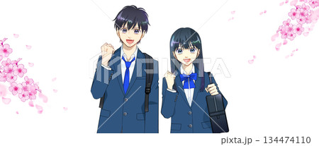 桜の背景、リュックとスクールバッグを持つ高校生または中学生の男女のアニメ風イラスト、白バック 134474110