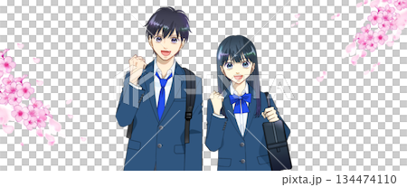 桜の背景、リュックとスクールバッグを持つ高校生または中学生の男女のアニメ風イラスト、白バック 134474110