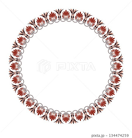 Round frame Greek porcelain plate with pattern. Frame arabesque. Plate with floral elements. Egyptian pattern. Ancient Greece, Roman Empire. Pattern frame for circle ceramics, textiles, plate. 134474259
