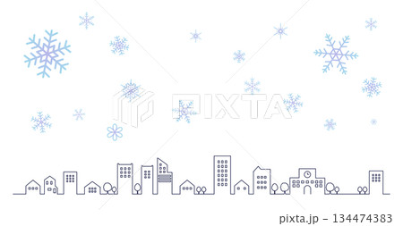 雪の結晶とシンプルな街並みのシルエットの線画イラスト　背景イラスト　都市景観 134474383