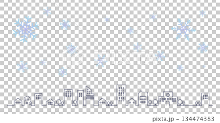 雪の結晶とシンプルな街並みのシルエットの線画イラスト　背景イラスト　都市景観 134474383