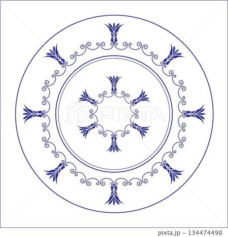 Vintage Round frame arabesque in Victorian style. Ancient Greece, Roman Empire porcelain plate with blue pattern on white background. Plate with large floral element in center. For ceramic, textile 134474498
