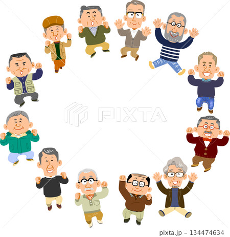 輪になってジャンプする12人のシニアの男性 輪になってジャンプする12人のシニアの男性 134474634