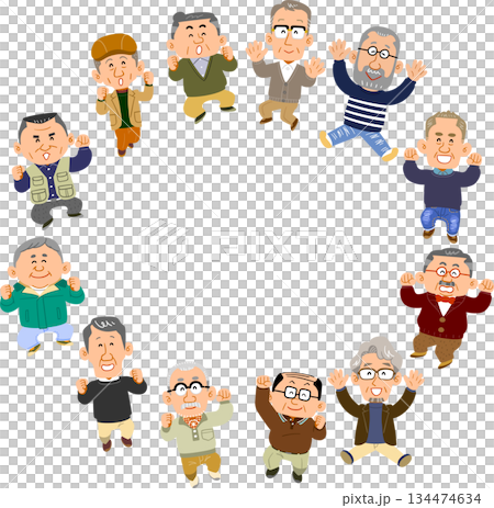 輪になってジャンプする12人のシニアの男性 輪になってジャンプする12人のシニアの男性 134474634