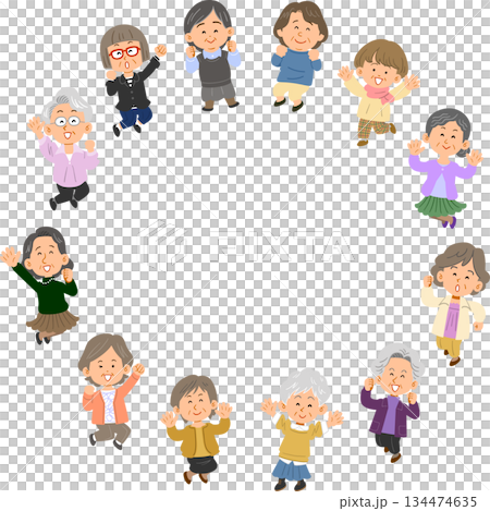 十二位高年級女性圍成一個圈跳躍 134474635