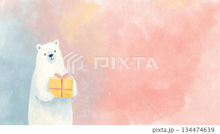 プレゼントを持つ白クマ 水彩イラスト パステル背景 134474639
