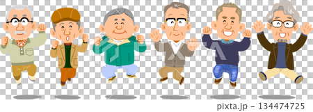 横一列でジャンプするシニアの男性たち 134474725