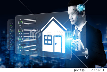 Futuristic Concept of Artificial Intelligence in Real Estate Management with Digital Interfaces and Smart Home Technology Gantry Futuristic Concept of Artificial Intelligence in Real Estate Management with Digital Interfaces and Smart Home Technology Gantry 134474731