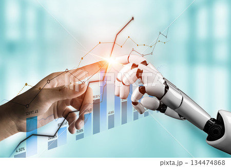 Human Hand and Robotic Hand Touching with Data Graph Background, Symbolizing Human-Machine Interaction and Technological Advancement Scalp 134474868