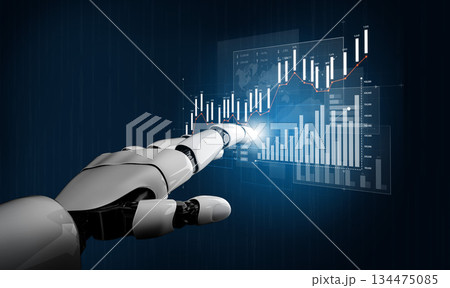 Futuristic robotic hand interacting with digital stock market data and financial charts on a high-tech interface in modern finance concept Scalp 134475085