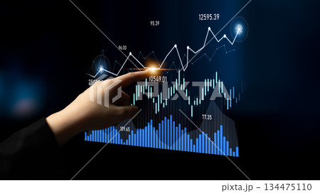 Business professional interacting with futuristic financial graph on digital display showcasing stock market trends and data analysis in a modern setting Scalp Business professional interacting with futuristic financial graph on digital display showcasing stock market trends and data analysis in a modern setting Scalp 134475110
