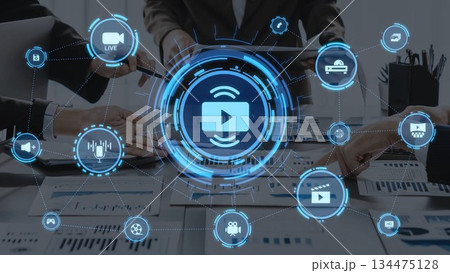 Multimedia technology icons with video, music, image and streaming concept Funnel 134475128
