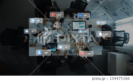 Modern Business Meeting with Social Media Interaction and Data Analysis in a Contemporary Office Space. Raster 134475166