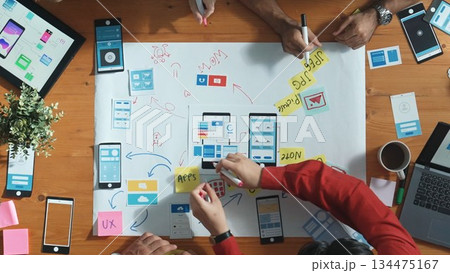 Skilled developer team sharing Ux Ui design by using mind map. Convocation. Skilled developer team sharing Ux Ui design by using mind map. Convocation. 134475167