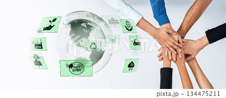 Diverse Hands Supporting a Sustainable Future with Net Zero Emphasis and Environmental Icons Symbolizing Collaboration and Climate Action Trope Diverse Hands Supporting a Sustainable Future with Net Zero Emphasis and Environmental Icons Symbolizing Collaboration and Climate Action Trope 134475211