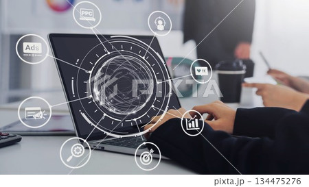 Marketing online strategy with digital advertising, PPC, social media and SEO icons Gist 134475276