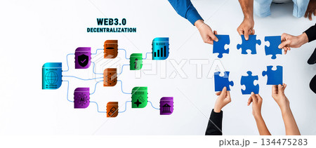Diverse Hands Working Together to Assemble Puzzle Pieces Representing Concepts of Decentralization and Web3 Technologies in Modern Collaboration Trope Diverse Hands Working Together to Assemble Puzzle Pieces Representing Concepts of Decentralization and Web3 Technologies in Modern Collaboration Trope 134475283