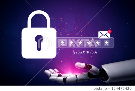 Secure Access Verification with Visual of Robot Hand, Lock Icon and One-Time Password Notification on Digital Background Gantry Secure Access Verification with Visual of Robot Hand, Lock Icon and One-Time Password Notification on Digital Background Gantry 134475420