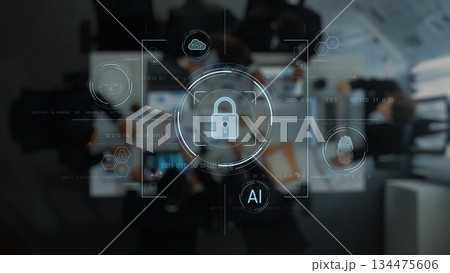 Digital Security Concept with Lock Symbol and Artificial Intelligence Elements in Modern Office Setting with Cloud Technology and Data Protection Themes. Raster 134475606