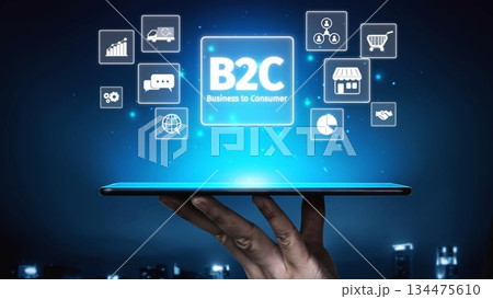 B2C Business Model with Consumer Delivery, Retail, and Growth Icons Muxer 134475610