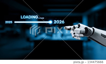 Futuristic Robot Hand Pointing at Progress Bar Displaying Transition from 2025 to 2026 in a Modern Digital Workspace Environment Synapse Futuristic Robot Hand Pointing at Progress Bar Displaying Transition from 2025 to 2026 in a Modern Digital Workspace Environment Synapse 134475666