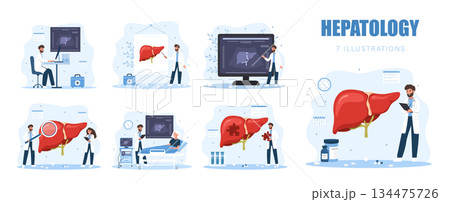 Liver disease set. Medical diagnosis and treatment by doctor for healthcare and prevention. Flat vector illustration of hepatic organ with symptoms and therapy in clinic or hospital 134475726