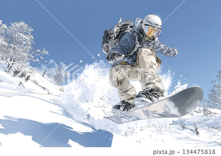 雪山を舞う ― 上級スノーボーダーのジャンプ 134475818