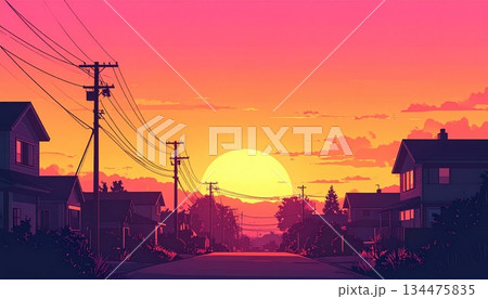 《AI画像》夕陽が沈む住宅街 134475835