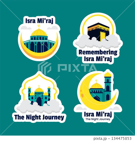 Label Illustration Isra Mi'raj Night Journey of Prophet Muhammad Flat Cartoon Hand Drawn Style 134475853