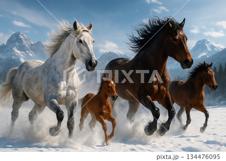 雪原を走る馬 134476095