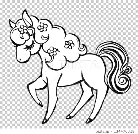 A retro, fairytale-like white pony with its eyes closed and flowers scattered in its mane. Print-style, black and white. A retro, fairytale-like white pony with its eyes closed and flowers scattered in its mane. Print-style, black and white. 134476319