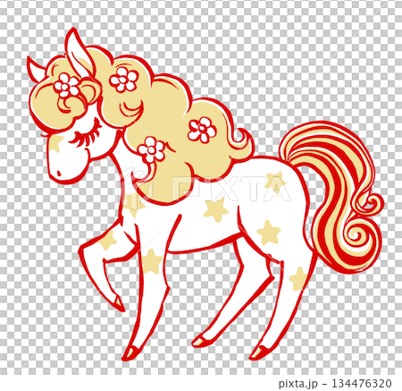 A retro, fairytale-like white pony with its eyes closed and flowers scattered in its mane. Brush-drawn and painted in two colors. A retro, fairytale-like white pony with its eyes closed and flowers scattered in its mane. Brush-drawn and painted in two colors. 134476320