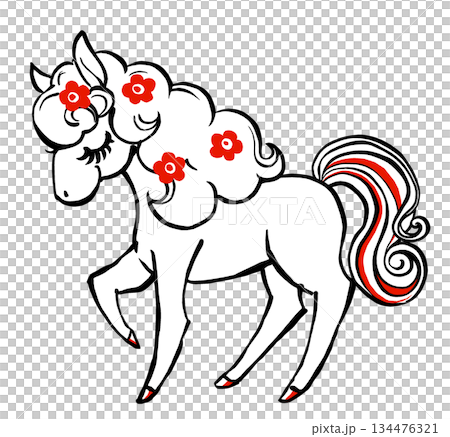 A retro, fairytale-like white pony with its eyes closed and flowers scattered in its mane. Brush-drawn in red and black. A retro, fairytale-like white pony with its eyes closed and flowers scattered in its mane. Brush-drawn in red and black. 134476321
