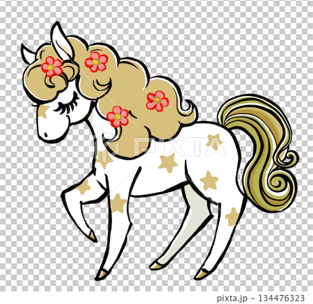 A retro, fairytale-like white pony with closed eyes and a golden mane studded with flowers. Brush-drawn and matte finish. A retro, fairytale-like white pony with closed eyes and a golden mane studded with flowers. Brush-drawn and matte finish. 134476323