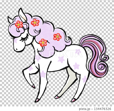 パステルな色合いのたてがみに花を散りばめたレトロでメルヘンな目を閉じた白いポニー　版画風 134476326