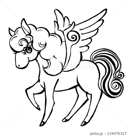 レトロでメルヘンなペガサス　筆描き・白と黒 134476327