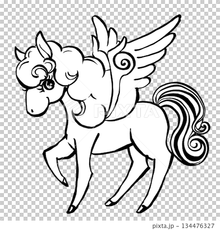 レトロでメルヘンなペガサス　筆描き・白と黒 134476327