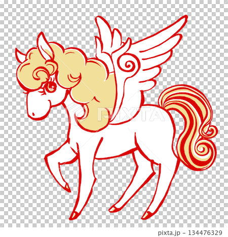 レトロでメルヘンなペガサス　筆描き・2色塗り 134476329
