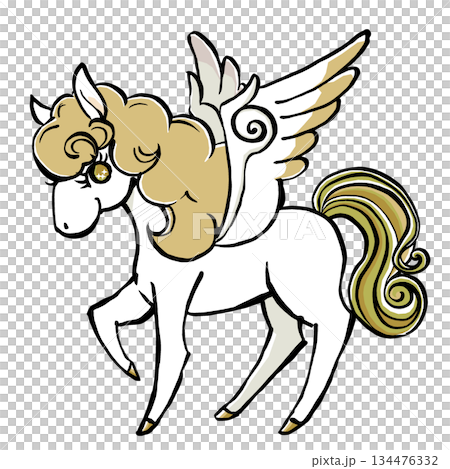 金色のたてがみのレトロでメルヘンなペガサス　筆描き・マット塗り 134476332