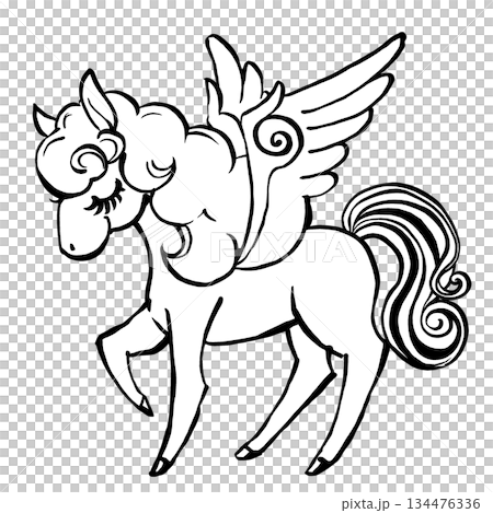 レトロでメルヘンな目を閉じたペガサス　筆描き・白と黒 134476336