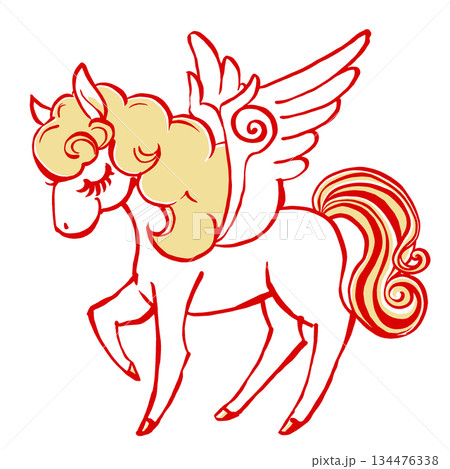 レトロでメルヘンな目を閉じたペガサス　筆描き・2色塗り 134476338