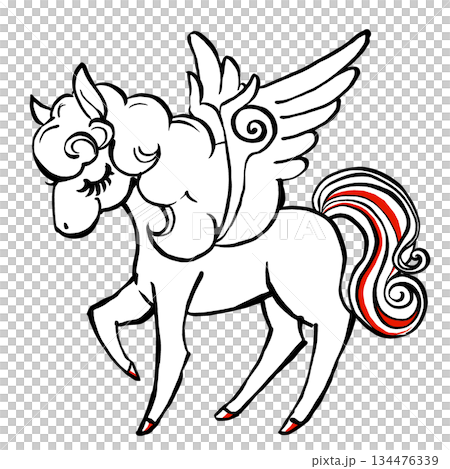 復古童話風格的閉眼飛馬，毛筆畫，紅黑配色 134476339