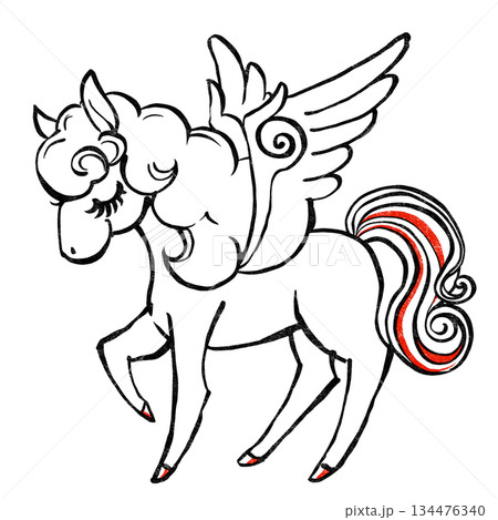 レトロでメルヘンな目を閉じたペガサス　版画風・赤と黒 134476340
