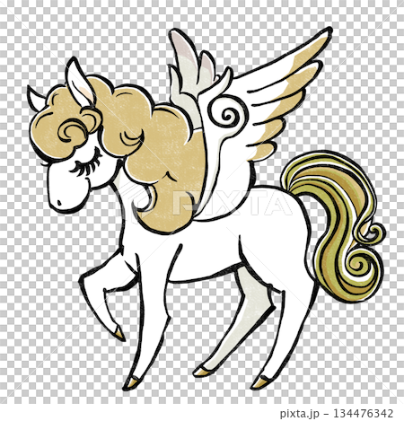 Retro and fairytale Pegasus with closed eyes and a golden mane, print style 134476342