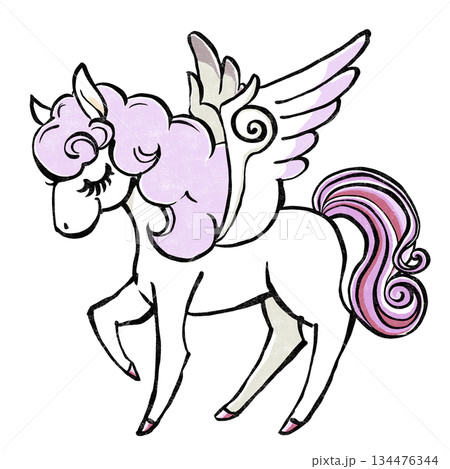 パステルな色合いのレトロでメルヘンな目を閉じたペガサス　版画風 134476344