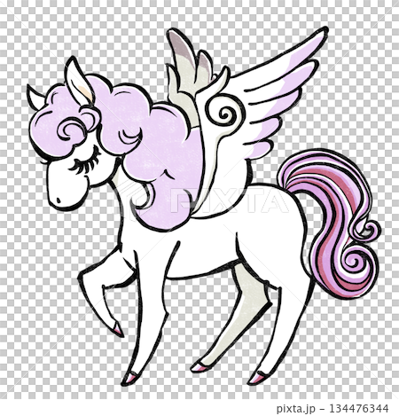 パステルな色合いのレトロでメルヘンな目を閉じたペガサス　版画風 134476344