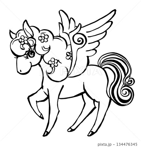 たてがみに花を散りばめたレトロでメルヘンなペガサス　筆描き・白と黒 134476345