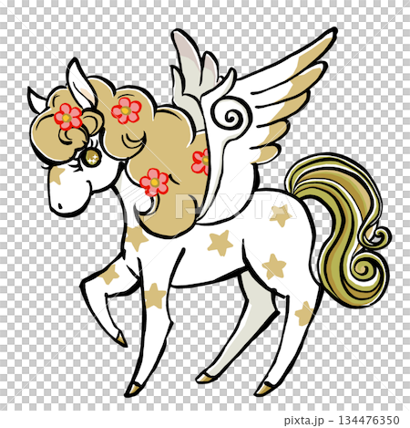 金色のたてがみに花を散りばめたレトロでメルヘンなペガサス　筆描き・マット塗り 134476350